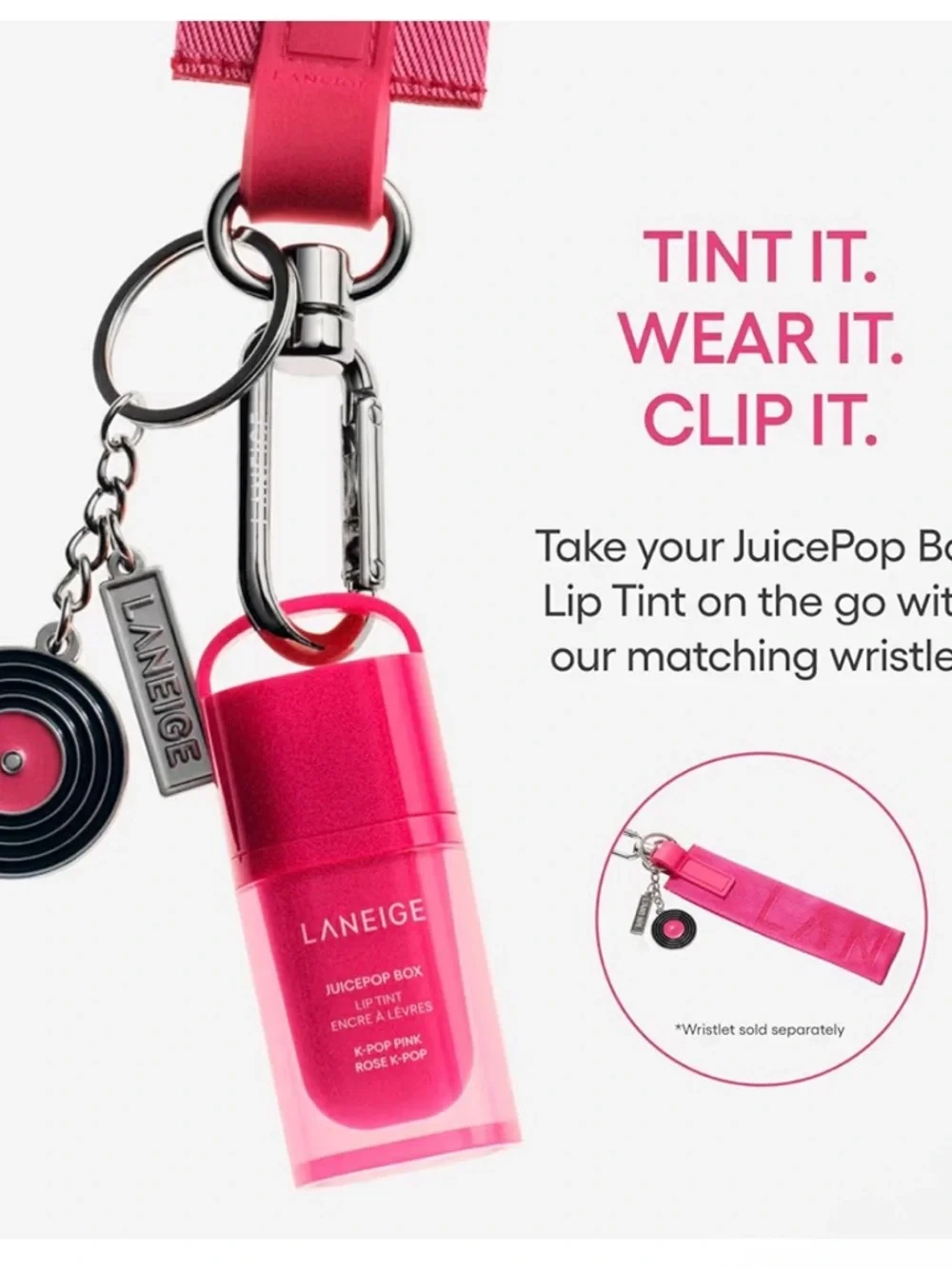 LANEIGE JuicePop Box Lip in K Pop Pink with Wristlet Keychain NWT